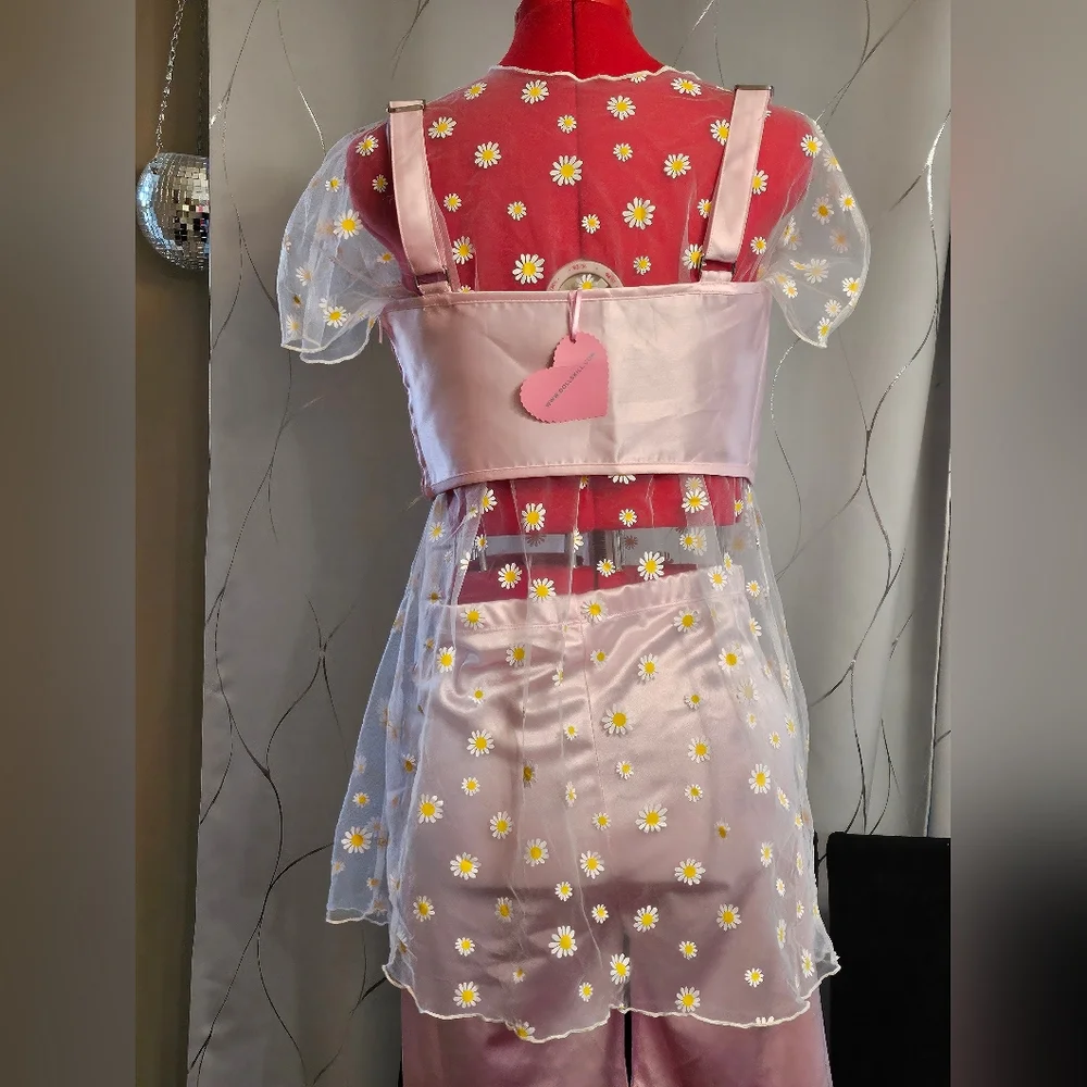 Dolls Kill Sugar Thrillz Pink Satin Underbust & Biker Shorts +Extra Mesh Flower - Picture 9 of 12